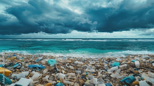 Overflowing Plastic Waste Accumulates on a Polluted Ocean Beach Under Stormy Skies