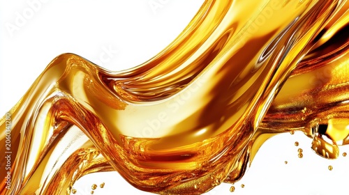 Viscous molten gold liquid with intricate wavy textures reflecting light on a plain background