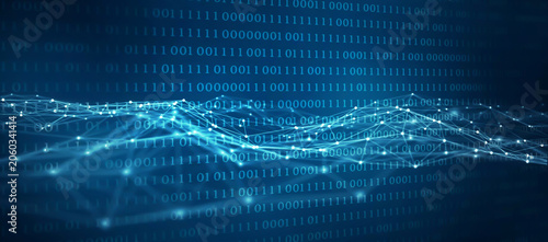 digital wave from nodes and lines in front of a binary code background, abstract technology background concept for blockchain technology, ai, big data network and ioT