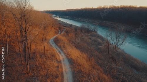 Winding dirt trail alongside a tranquil river during golden hour light, inviting exploration of autumn landscape.