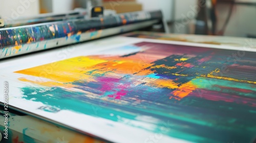 Vibrant abstract artwork with precise ink application on paper, showcasing modern digital printing techniques
