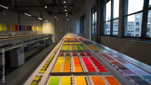 Vibrant color samples arranged for printing proofing and inspection in a modern studio