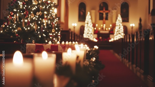 Warm Christmas Eve candlelight service with a glowing tree and sacred altar in a traditional church interior