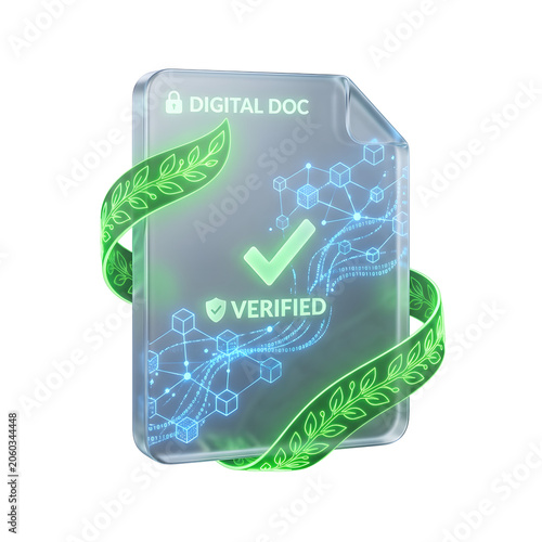 Glassmorphism Glossy Semi Transparent Document Icon With Glowing Carbon Credit Smart Contract Icon