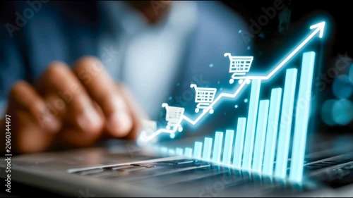 Hand touches laptop with rising sales graph and shopping cart icons, illustrating ecommerce growth, online retail analytics, revenue, and digital marketing