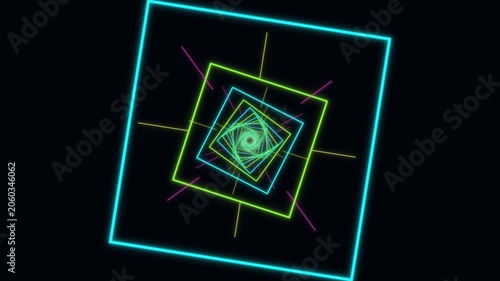 Dynamic rotating squares with neon colors and geometric shapes