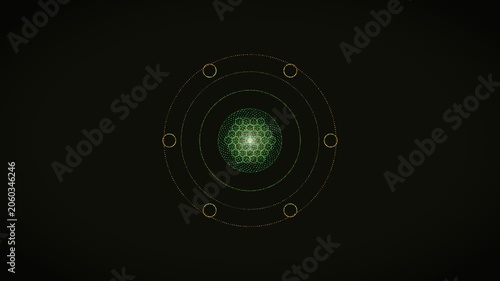 Digital representation of atomic structure with glowing particles