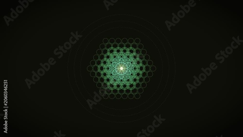 Digital abstract design with hexagonal pattern and green circles