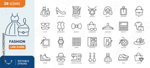 Fashion line editable icon set. Containing fashion, accessory, beauty, tailor, dress, clothes, shoes and more. Editable stroke. Vector illustration