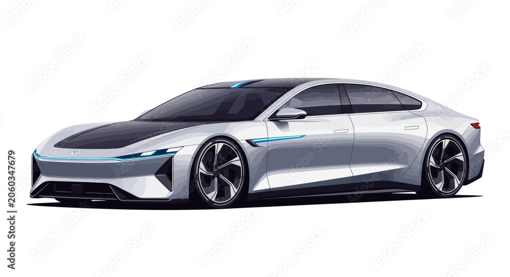 Naklejka premium Futuristic Silver Sedan Car on White Background - Electric Vehicle Concept