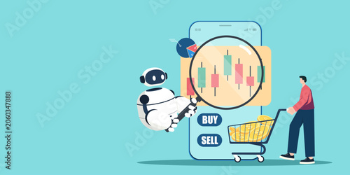 Cuadro en lienzo AI robot analyzes a candlestick stock chart on a smartphone screen while a man pushes a shopping cart full of gold coins near buy and sell buttons