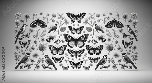 Vintage botanical illustration with butterflies and birds pattern
