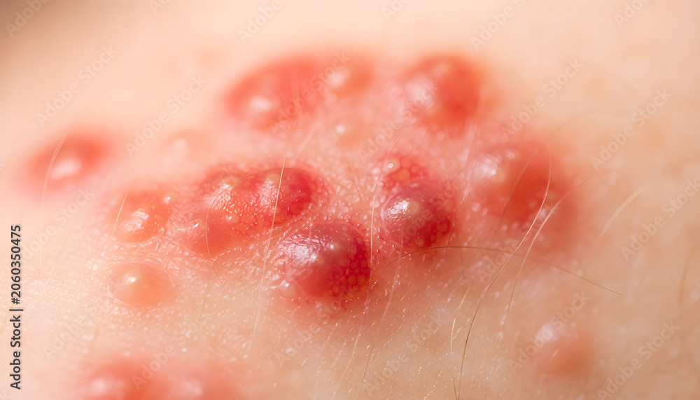 Fototapeta premium Extreme close up of a cluster of red fluid-filled blisters on human skin, representing chickenpox, shingles, childhood measles virus infection symptoms, and dermatological skin disease.
