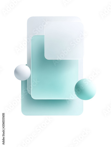 Minimal abstract 3D composition with layered rounded rectangles and floating spheres in teal gradient