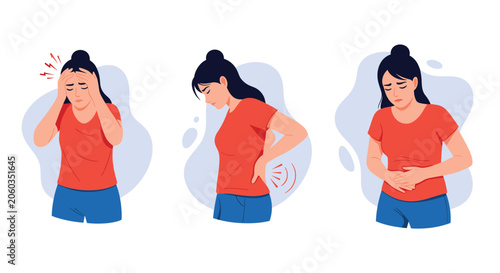 Young woman in three different poses suffering from common health problems like headache, backache, and stomach pain.