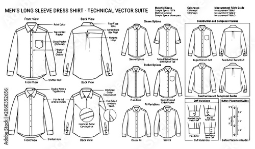 Photos set of Mens Dress Shirt Technical Drawing Template with Front Back and Side View
