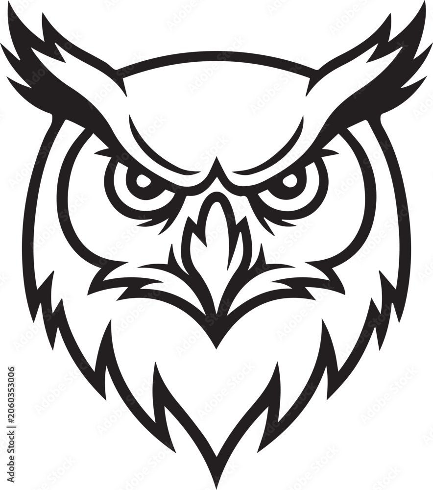 Fototapeta premium Intense Great Horned Owl Head Piercing Eyes Mascot Vector Logo