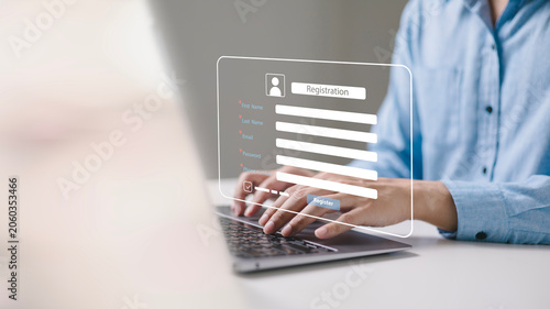 Business owners complete online surveys, register via online registration forms, register new users, and fill out application forms with personal information to create an account on the website.