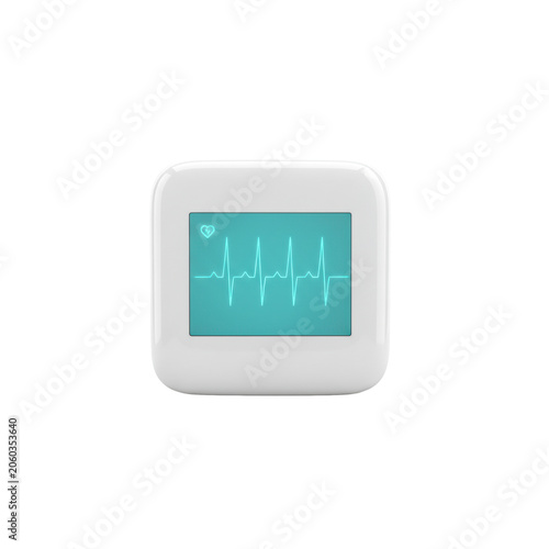 Modern portable medical ekg device with glossy white finish and glowing teal heartbeat waveform on digital display isolated against an infinite white background