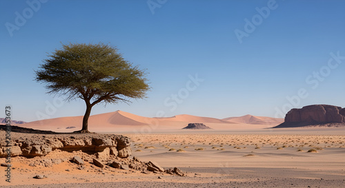 Vast desert landscape with a lone green tree sand dunes and rock formations under a clear blue sky