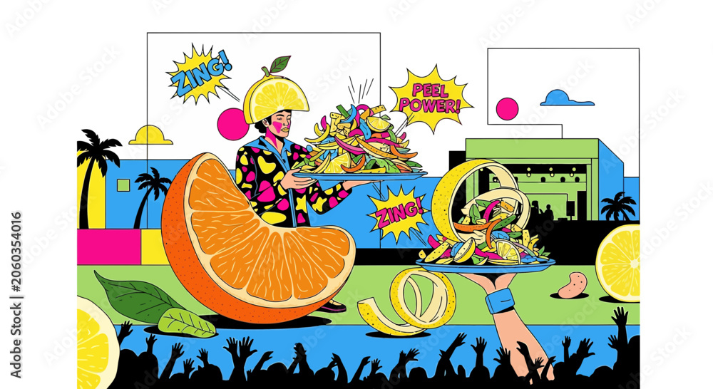 Obraz premium Vibrant Fruit Feast: Oranges, Lemons, and Bananas with a Festive Crowd
