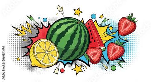 Vibrant Summer Fruits in Pop Art Style: Watermelon, Strawberry, Lemon