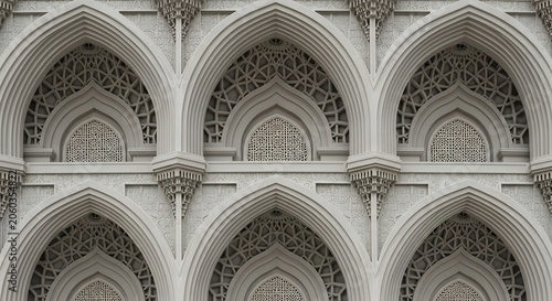 Intricate stone arches on a historic buildings facade with ornate details