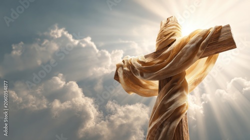 Sunlight shining through clouds illuminating a wooden cross draped with a flowing beige cloth symbolizing hope and faith in a dramatic sky backdrop