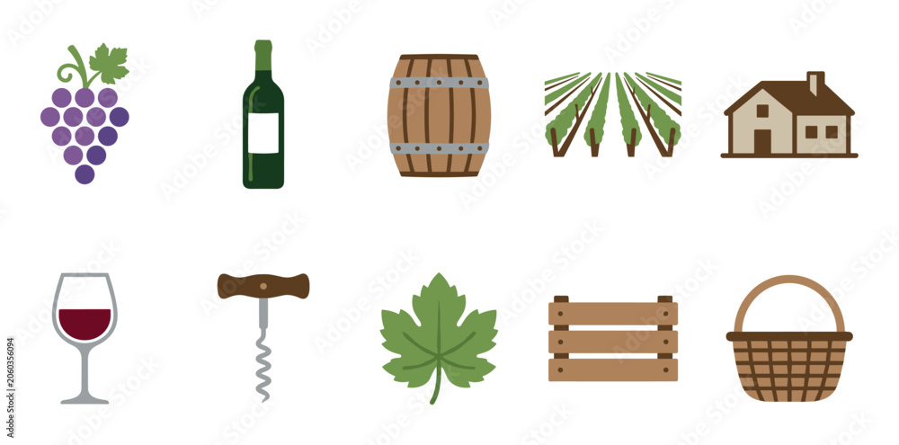 Fototapeta premium Essential wine production icons set includes grapes, bottle, barrel, vineyard, and glass elements, perfect for illustrating the complete winemaking process.