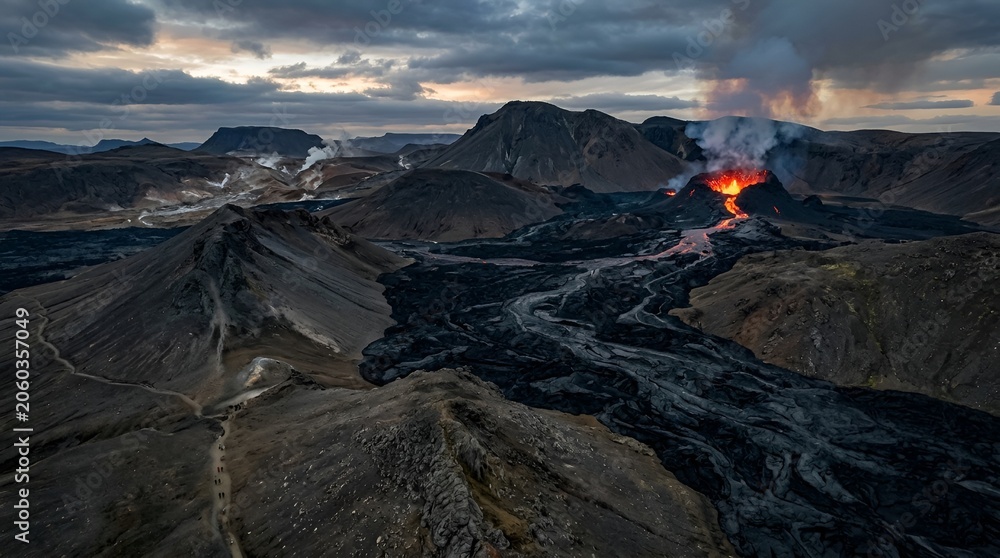 Fototapeta premium Active volcano erupting lava flow stream in a rugged volcanic landscape at dusk
