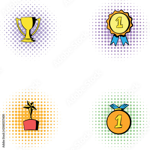 Four cartoon awards and medals representing victory and success