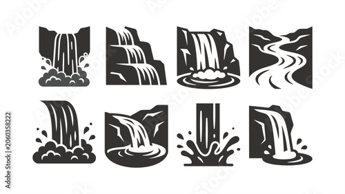 Fotografía Eight stylized waterfall icons – black-and-white vector water cascades set for graphic design