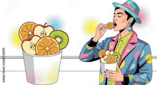 Stylish Woman Eats Fruit Snack from Bucket - Pop Art Fruit Food Healthy Choice
