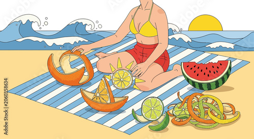 Summer beach picnic with fresh fruit, woman relaxing by the ocean.