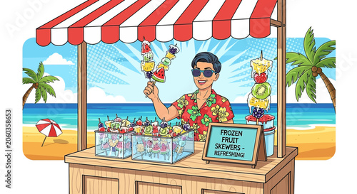 Summer Beach Fruit Skewers Vendor Offering Refreshing Treats
