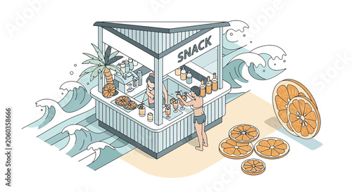 Summer Beach Snack Stand with Tropical Drinks and Oranges