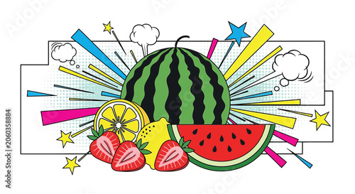 Summer Fruits Pop Art Vector Illustration. Watermelon, Lemon, Strawberry.