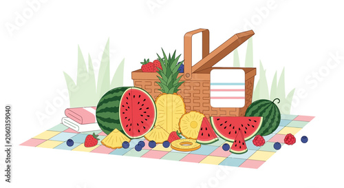 Summer Picnic Basket with Assorted Fruits on Blanket