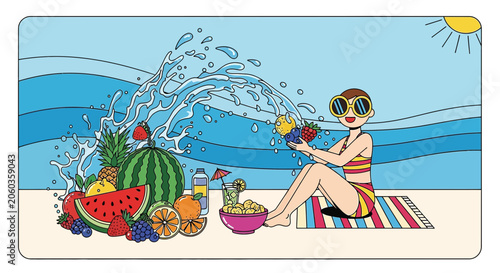 Summer Fun: Woman Playing with Fruits on Beach Amidst Lush Fruit Display