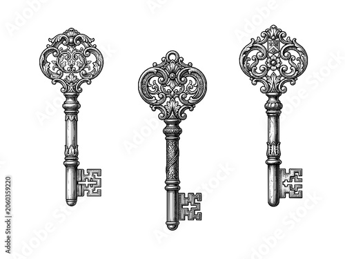 Foto Skeleton Key Engraving Set Isolated White Background