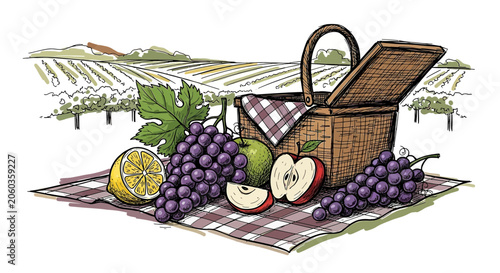 Summer Picnic Basket with Fruits in Vineyard Landscape
