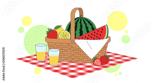 Summer Picnic Basket with Watermelon, Strawberries, Lemon, and Juice