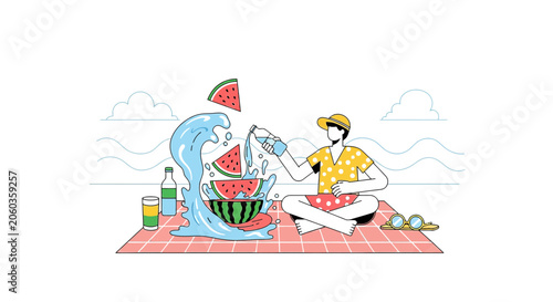 Summer Picnic Delight: Refreshing Watermelon & Cool Drinks on Beach
