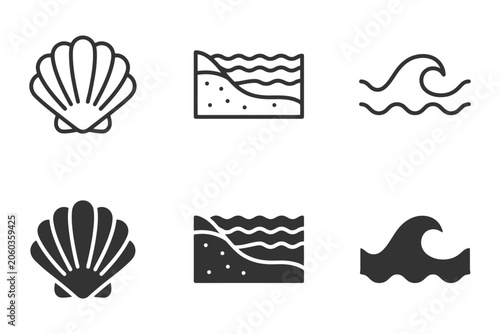 Set of minimalist beach icons featuring shells and waves.