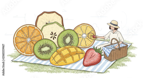 Summer Picnic Fruit Selection: Fresh and Dried Slices, Woman on Blanket