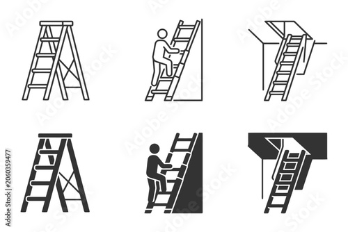 Ladder icon set: stepladders and ladders with climbing figures in various positions.
