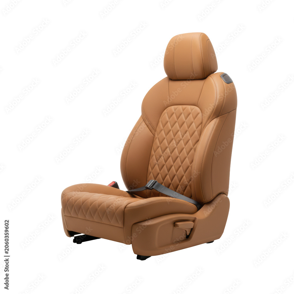 Fototapeta premium Tan leather car captain's chair with diamond-quilted stitching, integrated dark grey seatbelt, subtly lit against a transparent studio background, showcasing automotive luxury concept