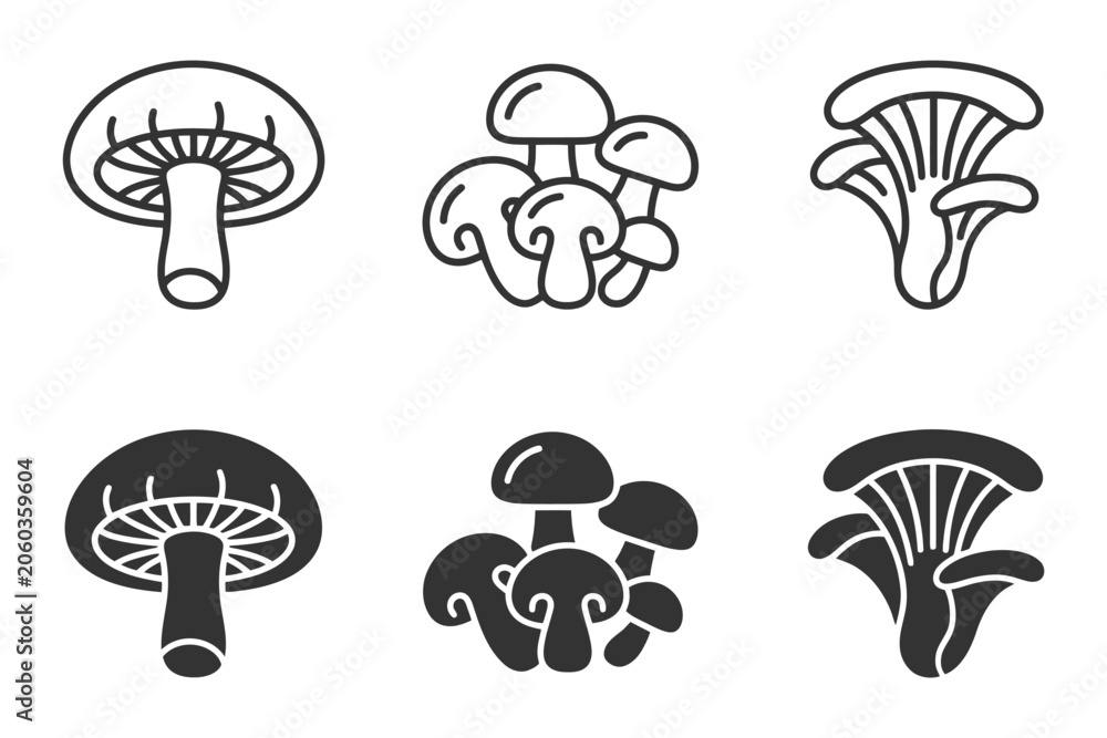 Obraz premium Set of six stylized mushroom icons in black and white.