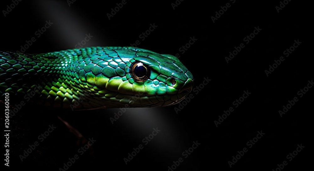 Fototapeta premium Close up of a vibrant green snake against a dark background