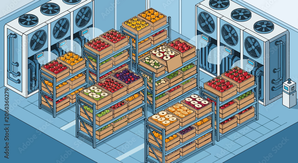 Fototapeta premium Produce Cold Storage Room with Racks of Fresh Fruits and Vegetables